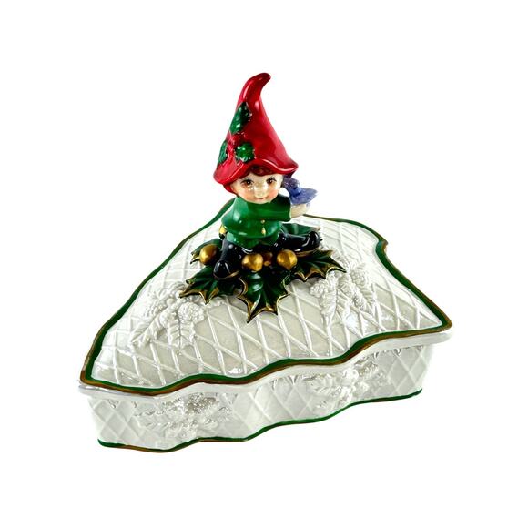 Vintage Hand Painted Cracker Barrel Christmas Tree Candy Trinket Dish With Pixie - Picture 3 of 16